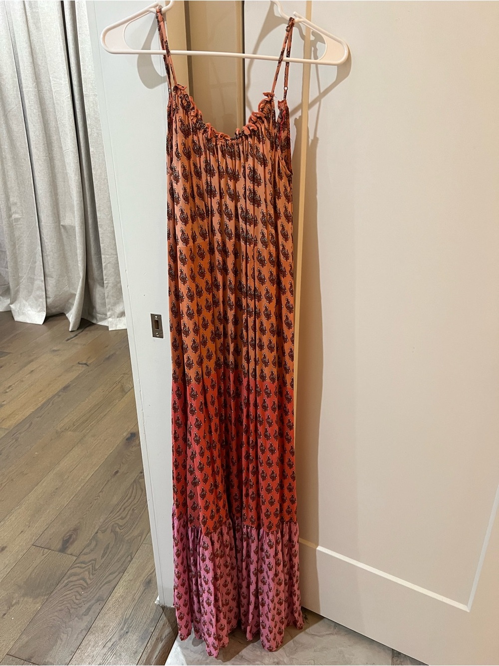 Anthropologie Orange and Pink Tiered Printed Maxi Dress